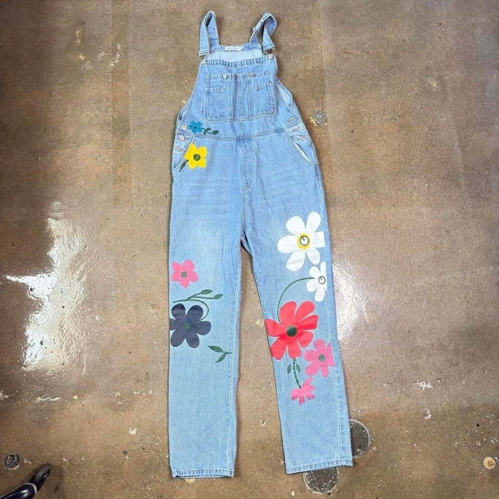 Misslook Floral Denim Overalls Women 3XL Light Blue Excellent Boho Retro Print